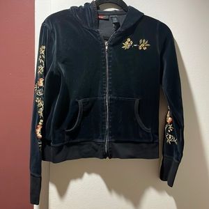 Black velour DKNY sweat suit with embroidery, The pants XS. , top is size M.